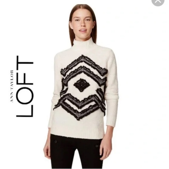 LOFT Sweaters - LOFT White Turtleneck Sweater with Fringe Design